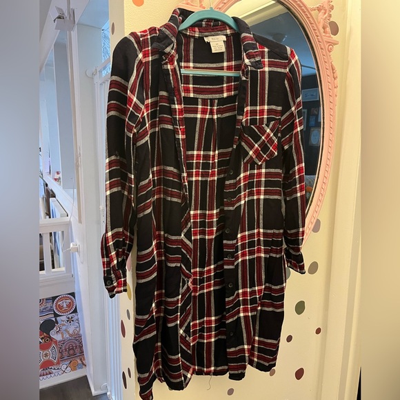 PLAID LONG SLEEVE T-SHIRT BUTTON DOWN DRESS - Picture 1 of 4